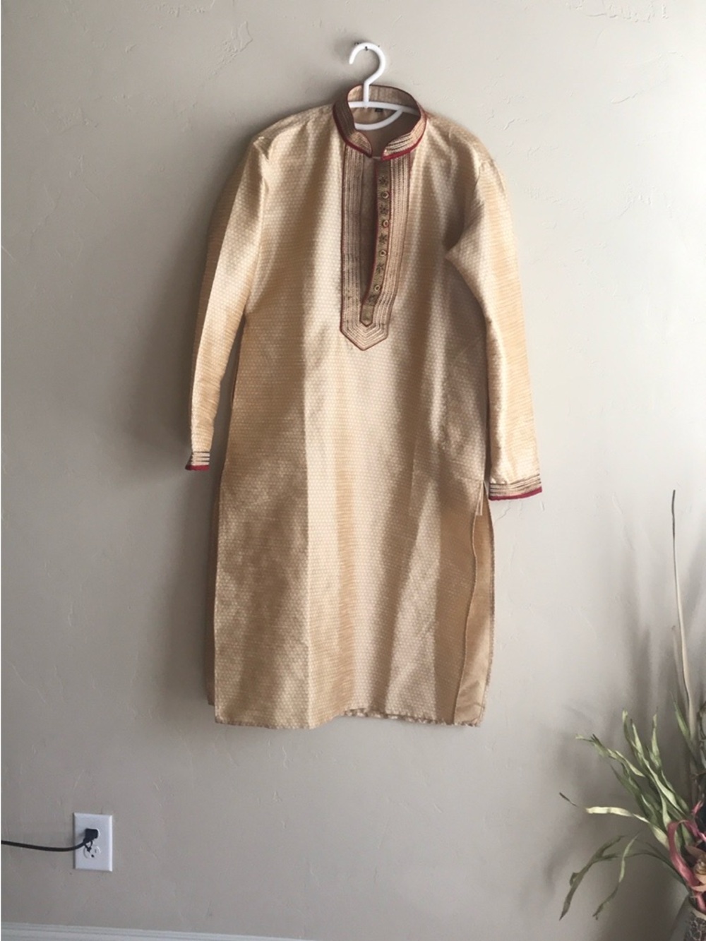 Beige Embroidered Kurta Tunic with Red Trim